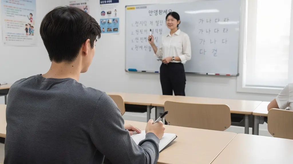 Cours de coréen à Séoul : étudiant européen en classe avec professeur natif