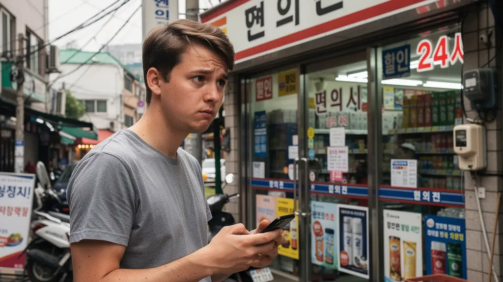 Adaptation à Séoul : jeune européen utilisant son téléphone pour se repérer